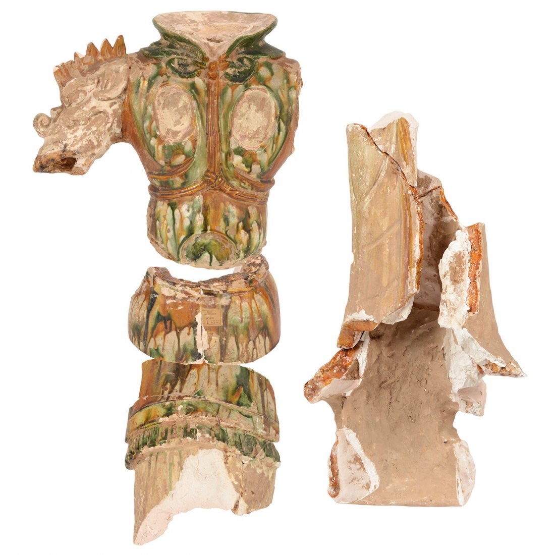 Large Chinese sancai glazed earthenware guardian: Large Chinese sancai glazed earthenware guardian, Tang Dynasty, fragmentary item, bears old paper label "Fogg Art Museum - LOAN - ??.21.1929", 10.5"h x 11.5"w (largest fragment), probably once stood a