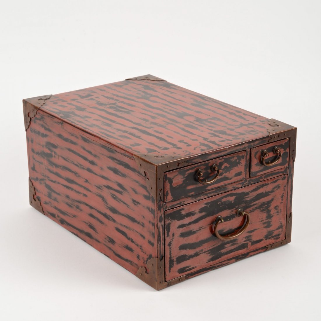 Japanese Negoro lacquer table top tansu cabinet: Japanese Negoro lacquer table top tansu cabinet, Possibly Edo Period, Takayama type with copper mounts, 10.5"h x 13"l x 7.5"d