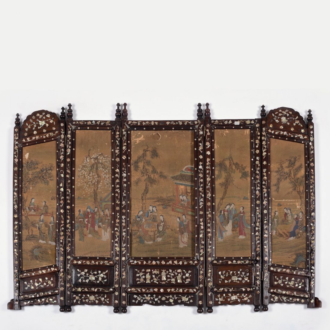 Chinese painted, mother pearl inlaid table screen: Chinese painted, mother pearl inlaid table screen, 19th c., five panels, depicting courtly ladies in pursuits of leisure, 34"h x 13.5"w (center panel), 34"h x 8.75"w (side panels)