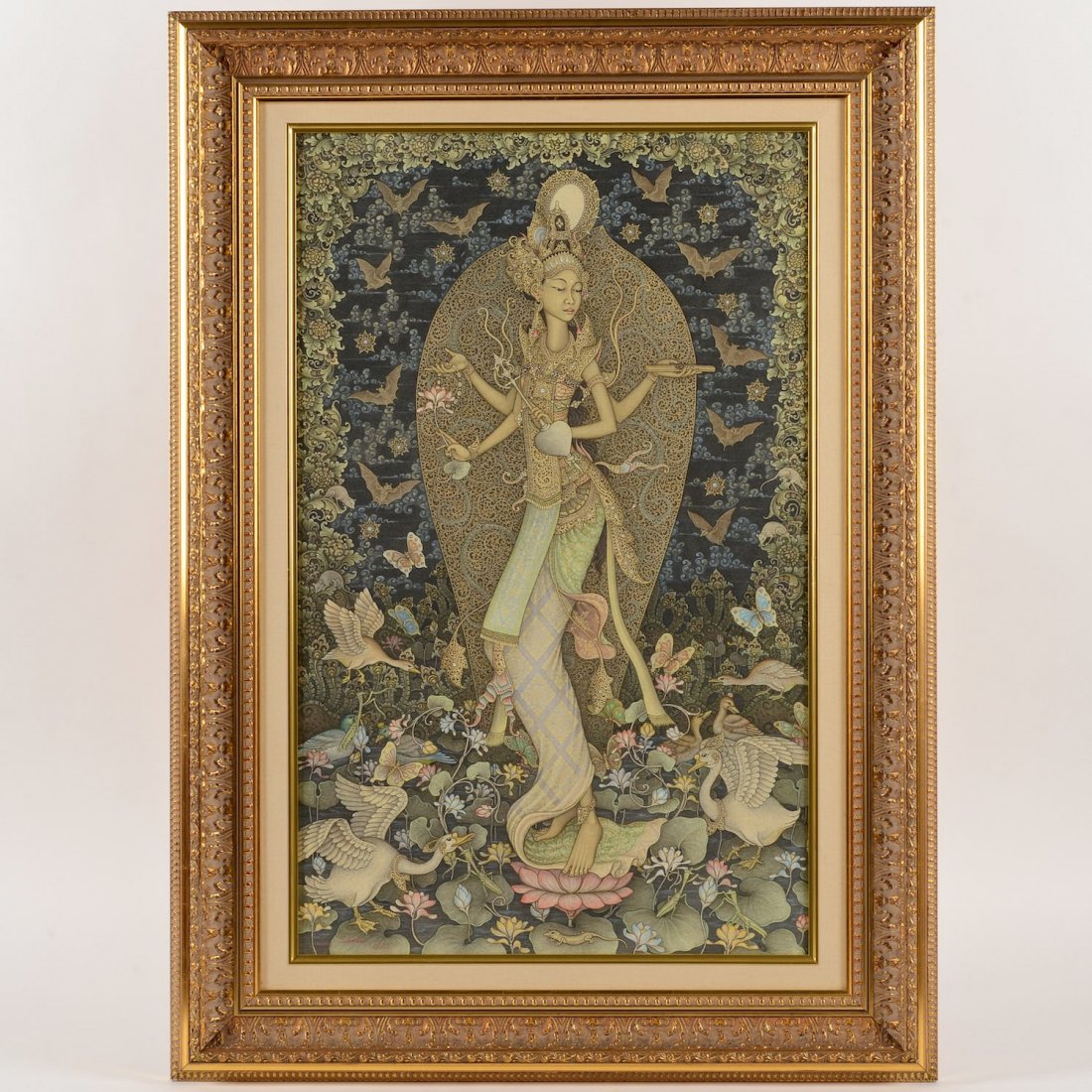 Made Suarsa (Suarsha) (20th c., Balinese), painting: Made Suarsa (Suarsha) (20th c., Balinese), painting, Tebesaya Peliaton, 1996, acrylic/tempera on canvas, signed lower left and verso, 28.5" x 17.75" (sight), framed