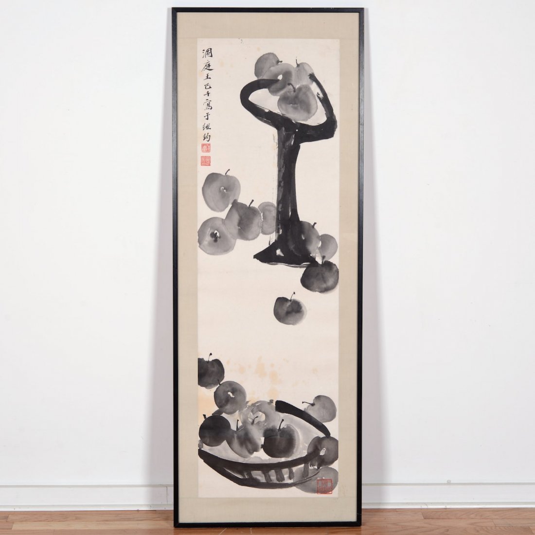 Jiqian C.C. Wang (1907-2003, Chinese-American),: Jiqian C.C. Wang (1907-2003, Chinese-American), painting, Still life with fruit, ink on paper with silk border, signed and sealed upper left and lower right, inscribed verso "To Mr. & Mrs. Samuel... M