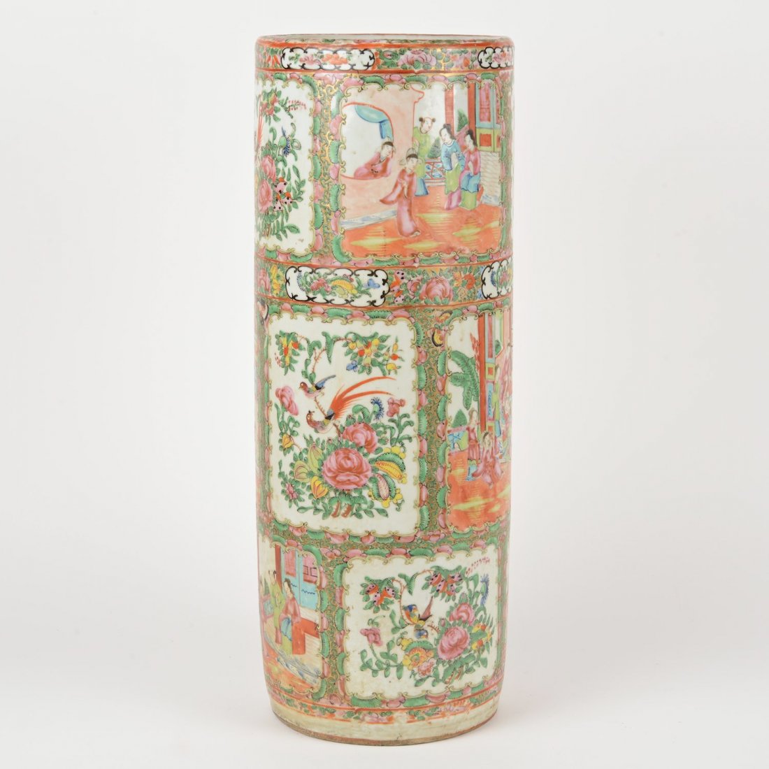Chinese Export rose medallion porcelain umbrella stand: Chinese Export rose medallion porcelain umbrella stand, Late 19th/20th c., alternating figural and floral panels, 23.75"h x 8.75"dia.