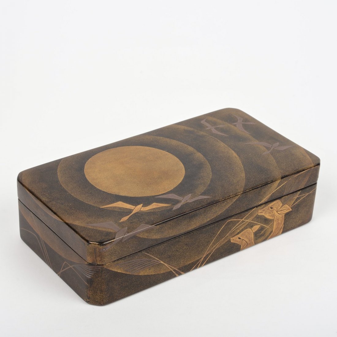 Japanese makie lacquer box: Japanese makie lacquer box, Possibly Edo period, decorated with stylized birds and deer, 2"h x 7.5"l x 4"d