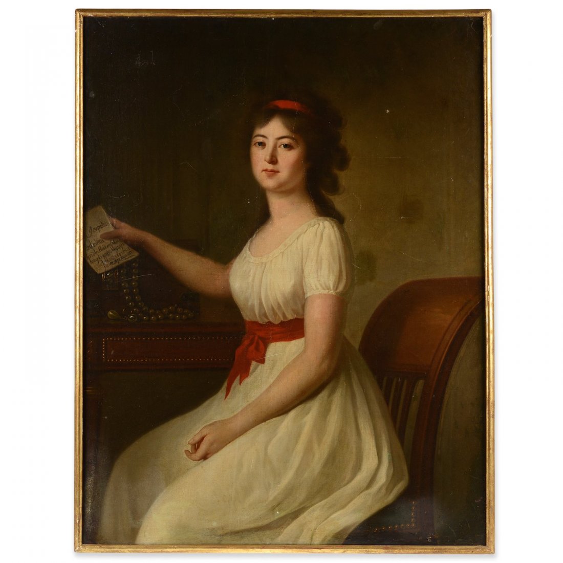 Manner of Gilbert Stuart (1755-1828, American),: Manner of Gilbert Stuart (1755-1828, American), painting, Portrait of a young woman holding a letter, oil on canvas, no signature found, 45" x 34.25" (sight), gilt frame