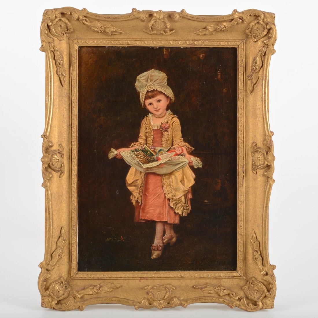 Mary Ellen Edwards Staples (1839-1934, British),: Mary Ellen Edwards Staples (1839-1934, British), painting, Young girl with Christmas presents, oil on canvas, signed "M.E. Staples", lower right, 13.75" x 10" (sight), gilt frame Provenance: The Marti