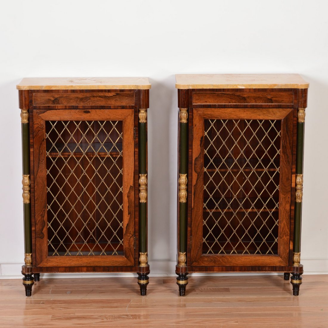 Pair William IV rosewood marble top side cabinets: Pair William IV rosewood marble top side cabinets, 19th c., wire grille doors, 35.25"h x 21.25"l x 10.5"d