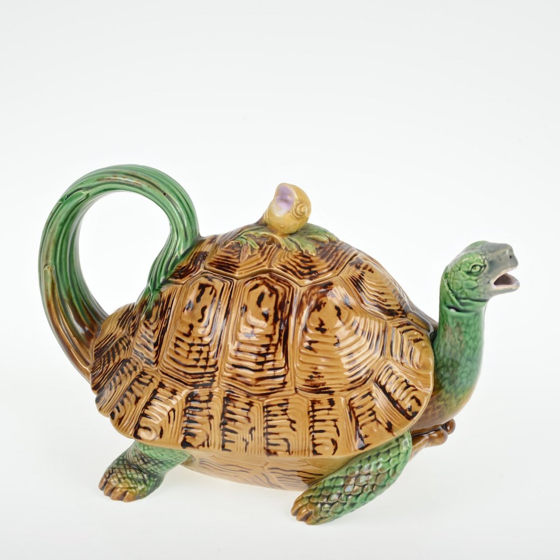 Very rare Minton majolica tortoise teapot: Very rare Minton majolica tortoise teapot, Late 19th c., impressed factory and registration marks, 5.25"h x 8"l x 5"d