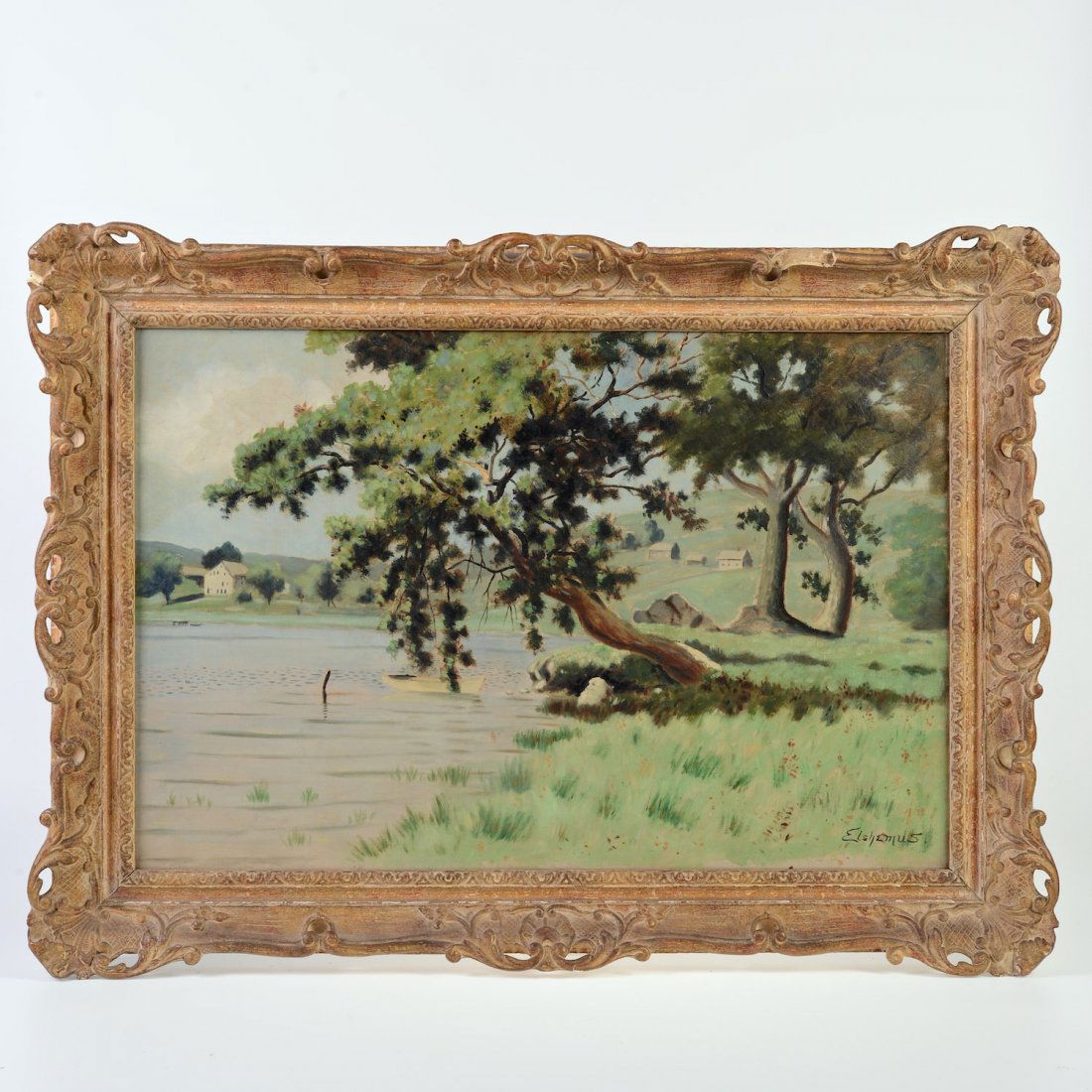Louis Michel Elshemus or Elshemius (1864-1941,: Louis Michel Elshemus or Elshemius (1864-1941, American), painting, Landscape with pond, oil on canvas, signed "Elshemus", lower right, 19.5 x 29.5" (sight), gilt frame