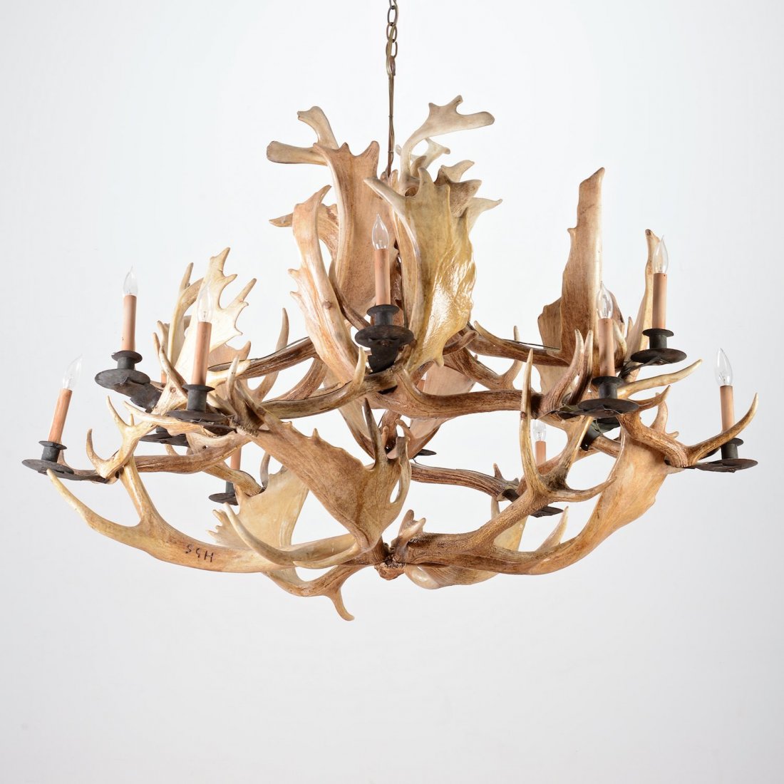 Ralph Lauren style 10-light elk antler chandelier: Ralph Lauren style 10-light elk antler chandelier, 20th c., electrified, signed "SGH", approx. 42"h x 48"dia. Provenance: possibly Michael Taylor Designs