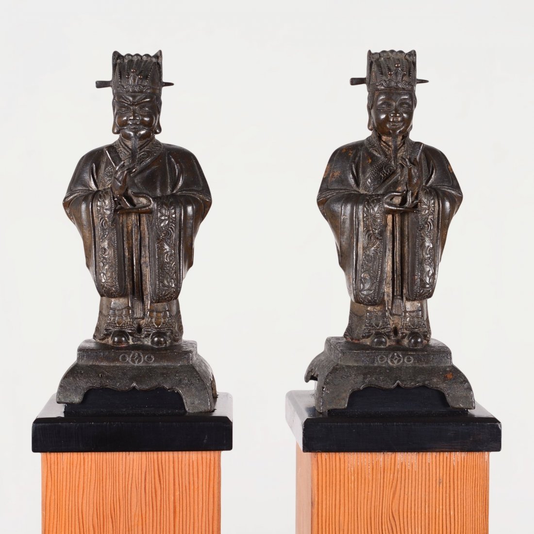Pair antique Chinese Confucius bronzes on stands: Pair antique Chinese Confucius bronzes on stands, Possibly Ming Dynasty, each in a standing pose, one youthful and one elderly, each on a nicely crafted custom floor stand, 7.75"h x 3.25"squ. (excl. s
