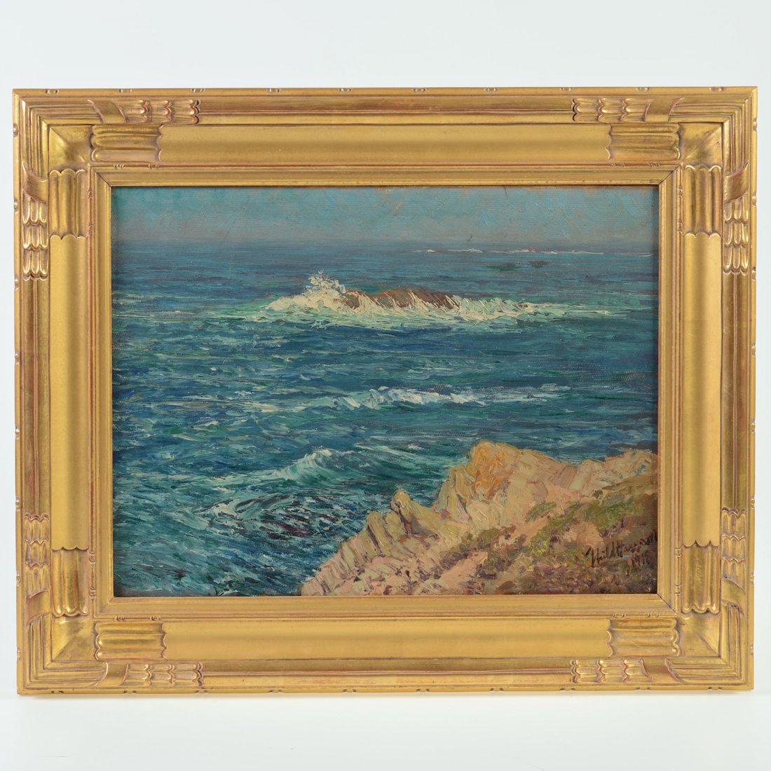 After Childe Hassam (1859-1935, American), painting: After Childe Hassam (1859-1935, American), painting, "Seascape", oil on canvas, bears signature "Childe Hassam" and dated 1918, lower right, 12" x 15.5" (sight), framed