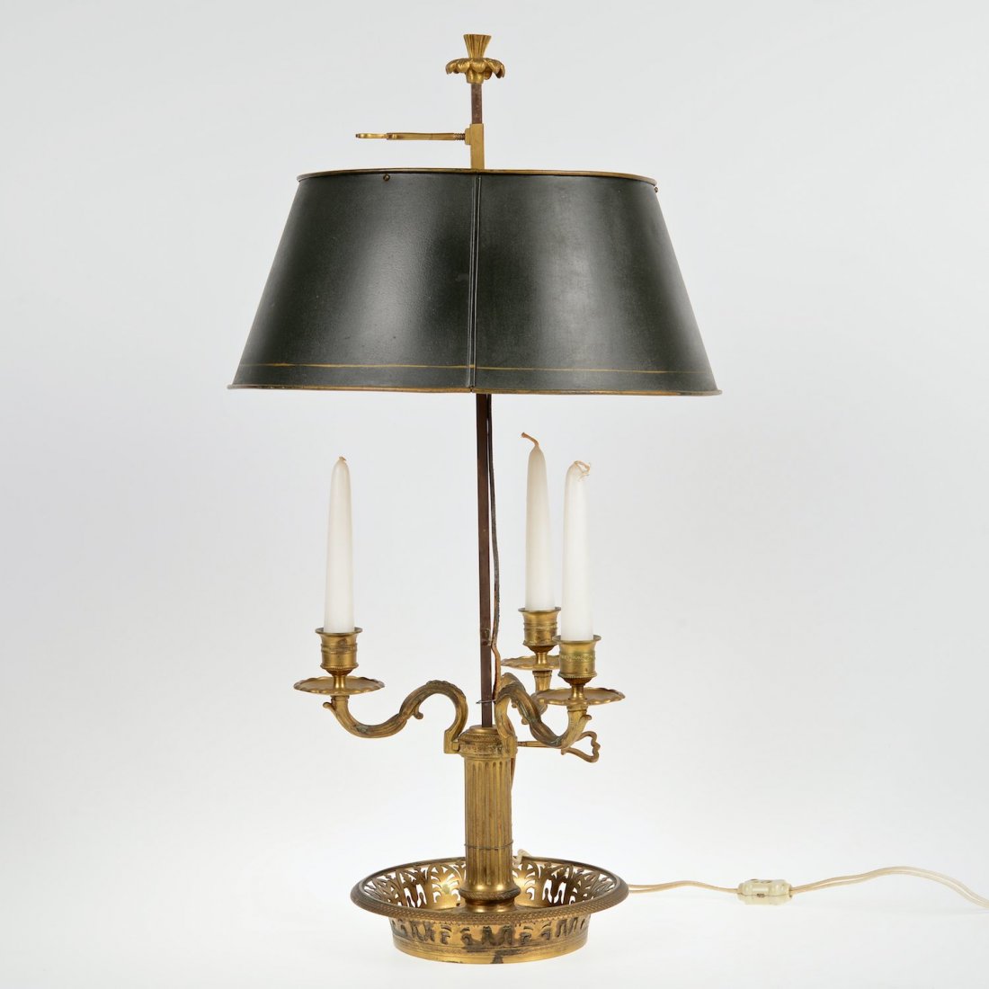 Antique Louis XVI style gilt bronze bouillotte lamp: Antique Louis XVI style gilt bronze bouillotte lamp, 19th c., crisply cast, green tole shade, 25.5"h x 14"dia. Provenance: from the Estate of Edgar M. Bronfman, New York, NY