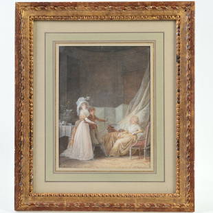 Jean-Baptiste Mallet (1759-1825, French), painting: Jean-Baptiste Mallet (1759-1825, French), painting, Boudoir scene, gouache/watercolor on paper, no signature found, 10.75" x 8" (sight), matted and framed under glass Provenance: Rosenberg & Stiebel,