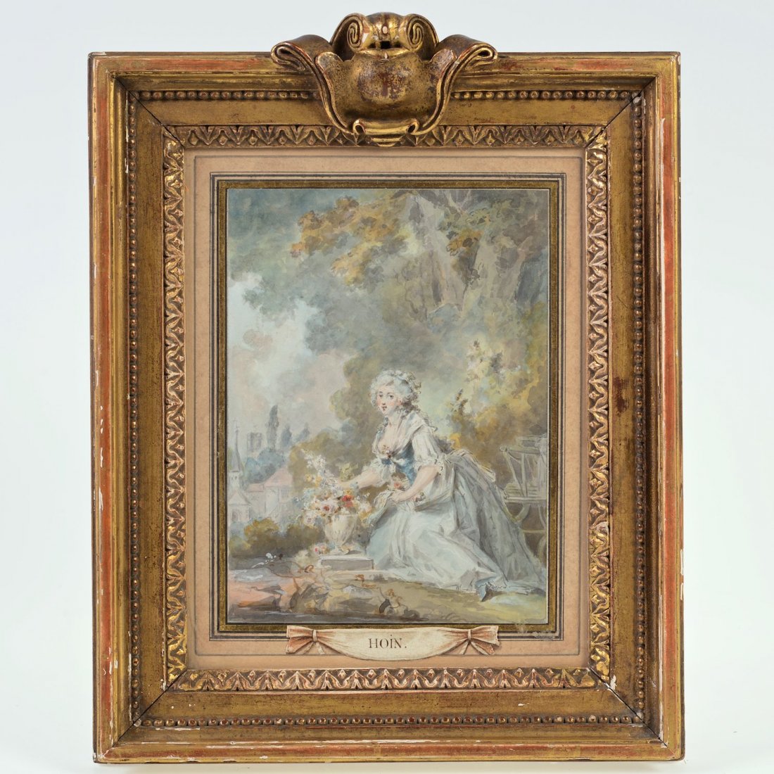 Attrib. to Claude-Jean Houin (1750-1817, France),: Attrib. to Claude-Jean Houin (1750-1817, France), painting, Woman arranging flowers, watercolor on paper, no signature found, 7" x 5.25" (sight), matted and framed Provenance: Christie's, NY; The Mart