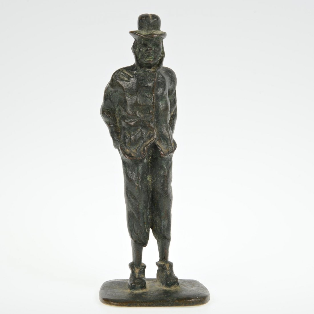 Manner of Honore Daumier (1808-1879, French), sculpture: Manner of Honore Daumier (1808-1879, French), sculpture, Standing man adjusting his pants, bronze with dark brown/green patina, unmarked, 7.25"h x 2.75"w
