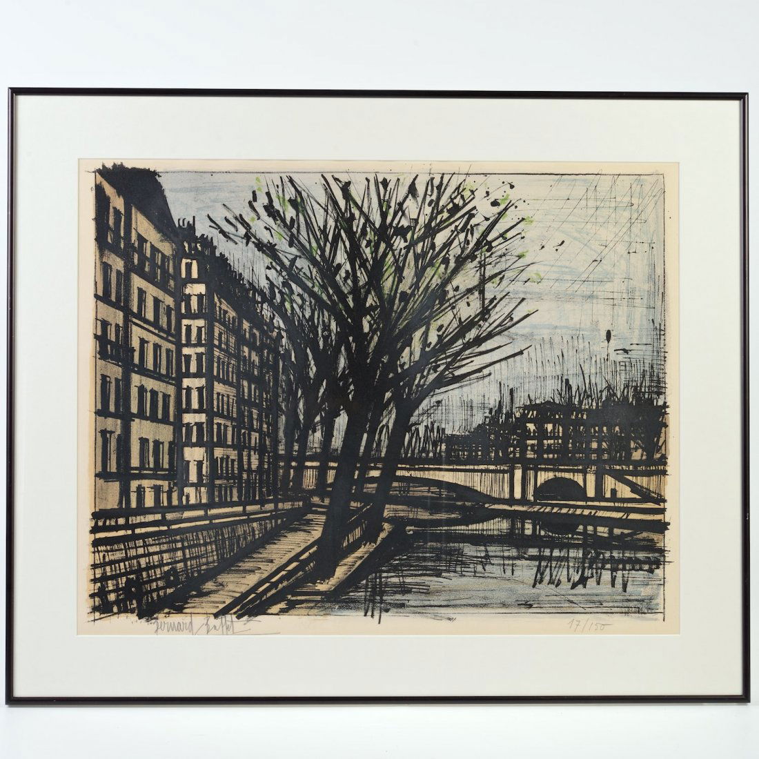 Bernard Buffet (1928-1999, French), lithograph: Bernard Buffet (1928-1999, French), lithograph, "L'Ile Saint-Louis", 1962, colored lithograph, edition of 150, (Mourlot, 33), signed and numbered "Bernard Buffet 17/150", 26.25" x 20" (sight), matted