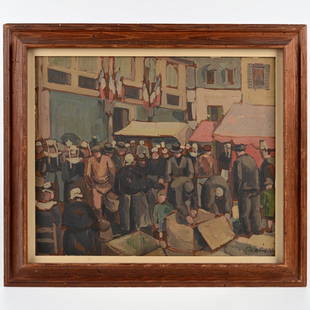 Pierre de Belay (1890-1947, French), painting: Pierre de Belay (1890-1947, French), painting, Market scene, 1927, oil on board, signed and dated "de Belay - 27", lower right, 19" x 23.5" (sight), framed