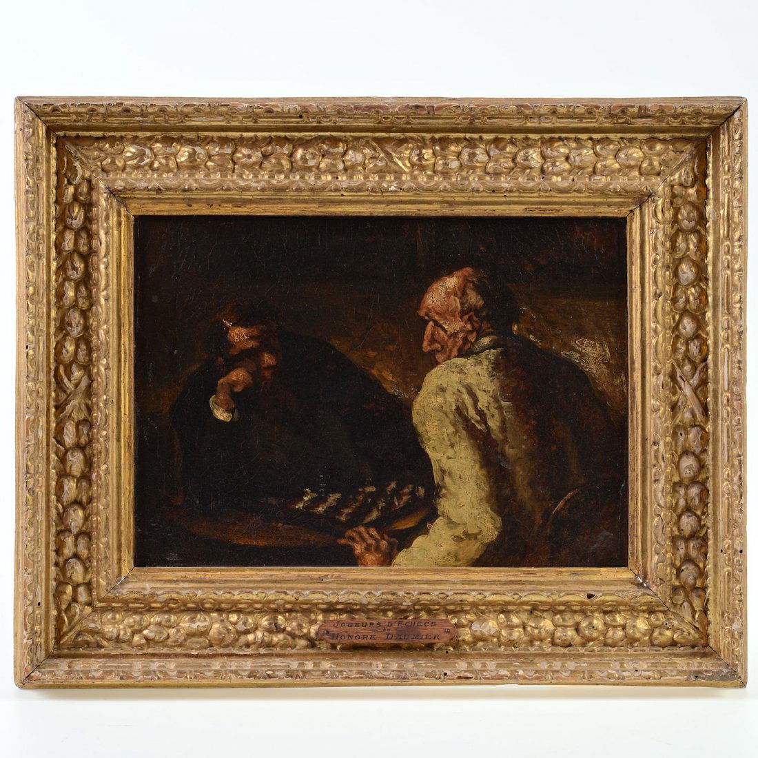 Attrib. to Honore Daumier (1808-1879, French), painting: Attrib. to Honore Daumier (1808-1879, French), painting, "Joueurs d'echecs/Chess Players", oil on canvas, no signature found, 8.75" x 12.25" (sight), framed Provenance: Schoneman Galleries, NY