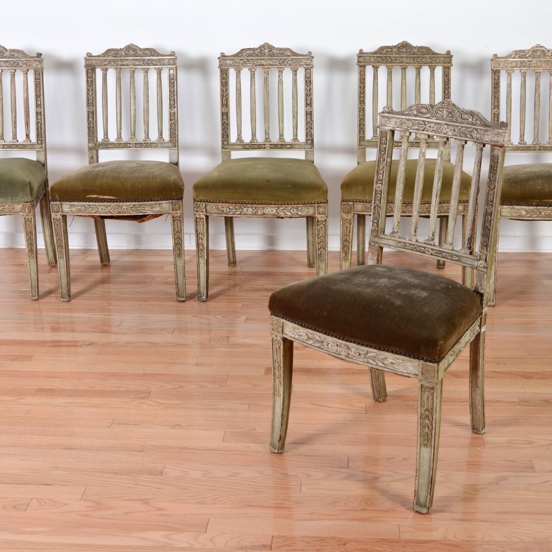 Set (10) Continental Neo-Classical side chairs: Set (10) Continental Neo-Classical side chairs, 19th c., painted gray/green, volute scroll crest rails, 34.5"h x 19.5"w x 17"d