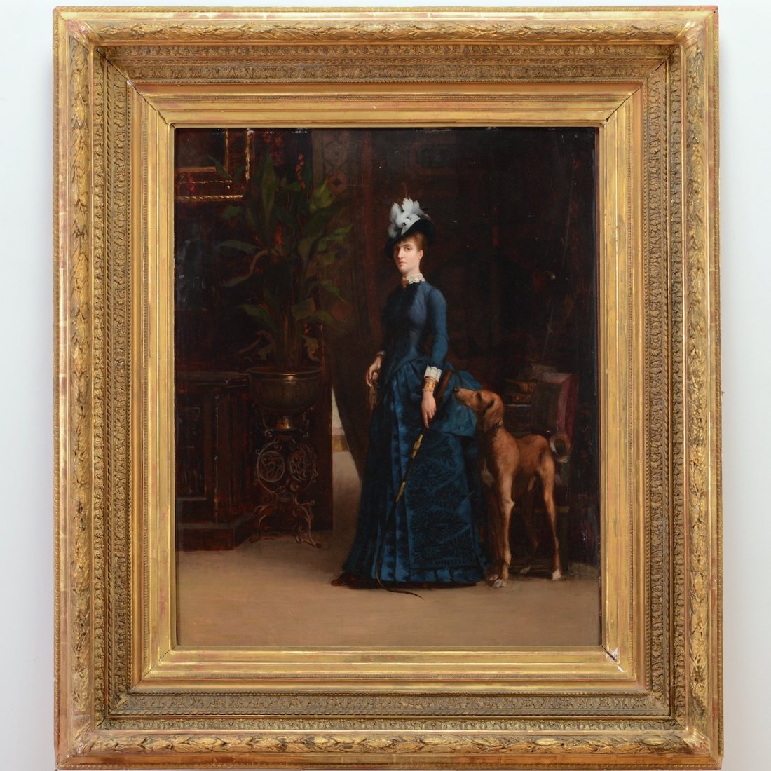 Continental School (19th century), painting: Continental School (19th century), painting, Woman with dog in interior, oil on panel, unsigned, 30" x 25" (sight), framed Provenance: Sotheby's NY Arcade, lot #631