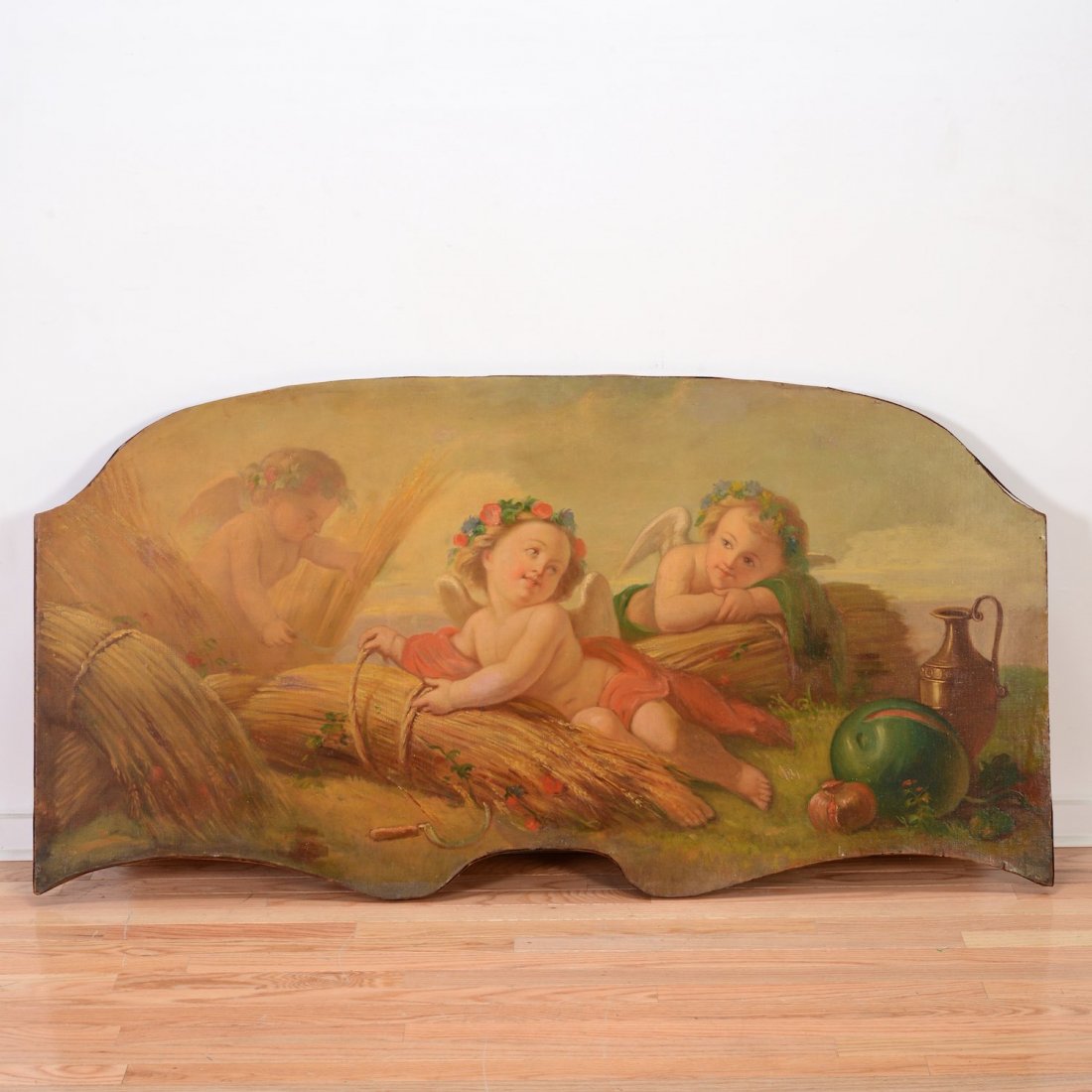 Continental School (19th century), painting: Continental School (19th century), painting, Allegory of the harvest, oil on canvas mounted on shaped board, no signature found, 29.75"h x 57.5"l, unframed