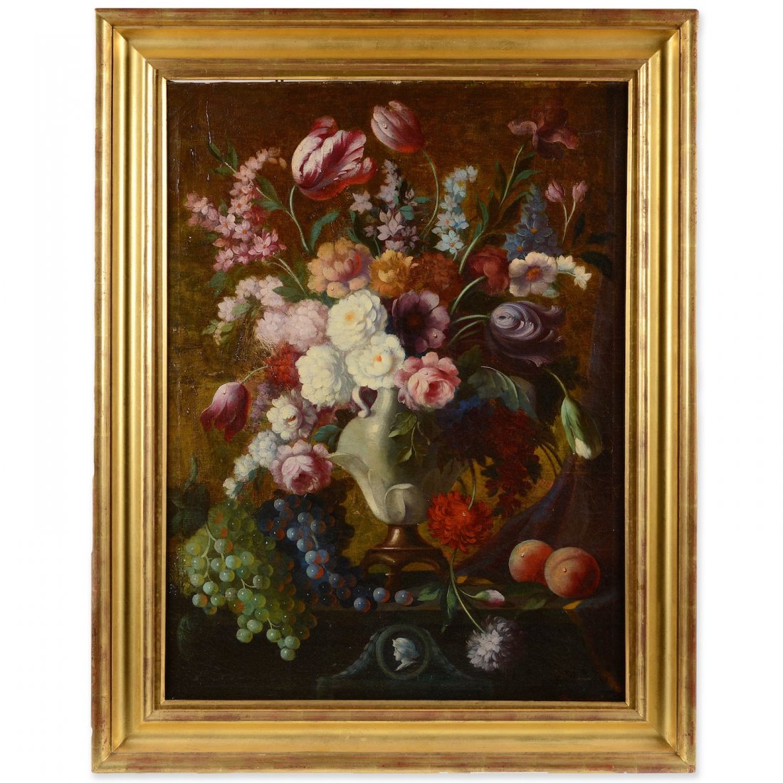 Continental School (18th/19th century), painting: Continental School (18th/19th century), painting, Still life with flowers and fruit, oil on canvas, signed "Maurice Lambert?", lower right, 38" x 28.25" (sight), gilt frame