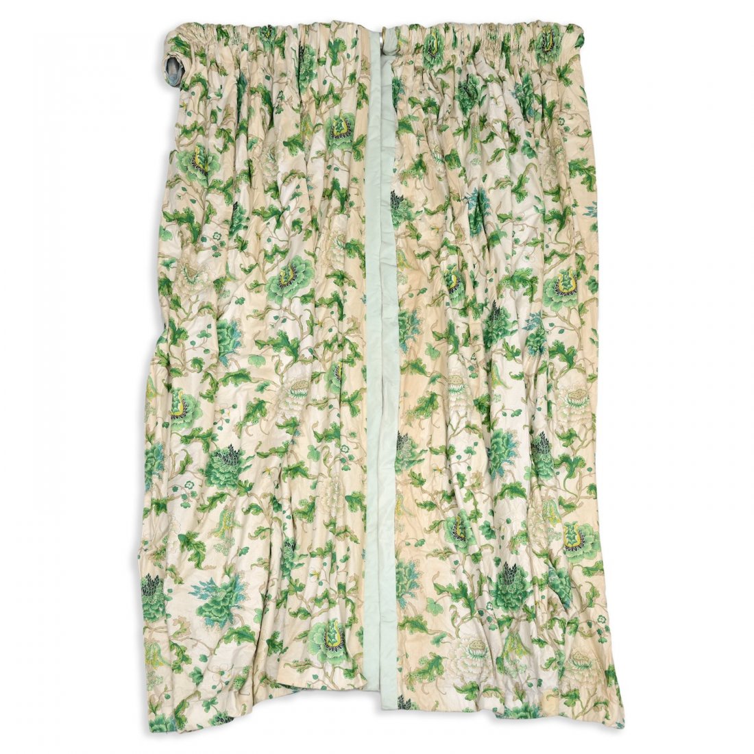 Fine draperies from the Estate of Edgar Bronfman: Fine draperies from the Estate of Edgar Bronfman, (6) panels in buff chintz with green foliate pattern and sage satin trim and (3) curved silver rods. Fully lined in flannel and cotton backed, each ap
