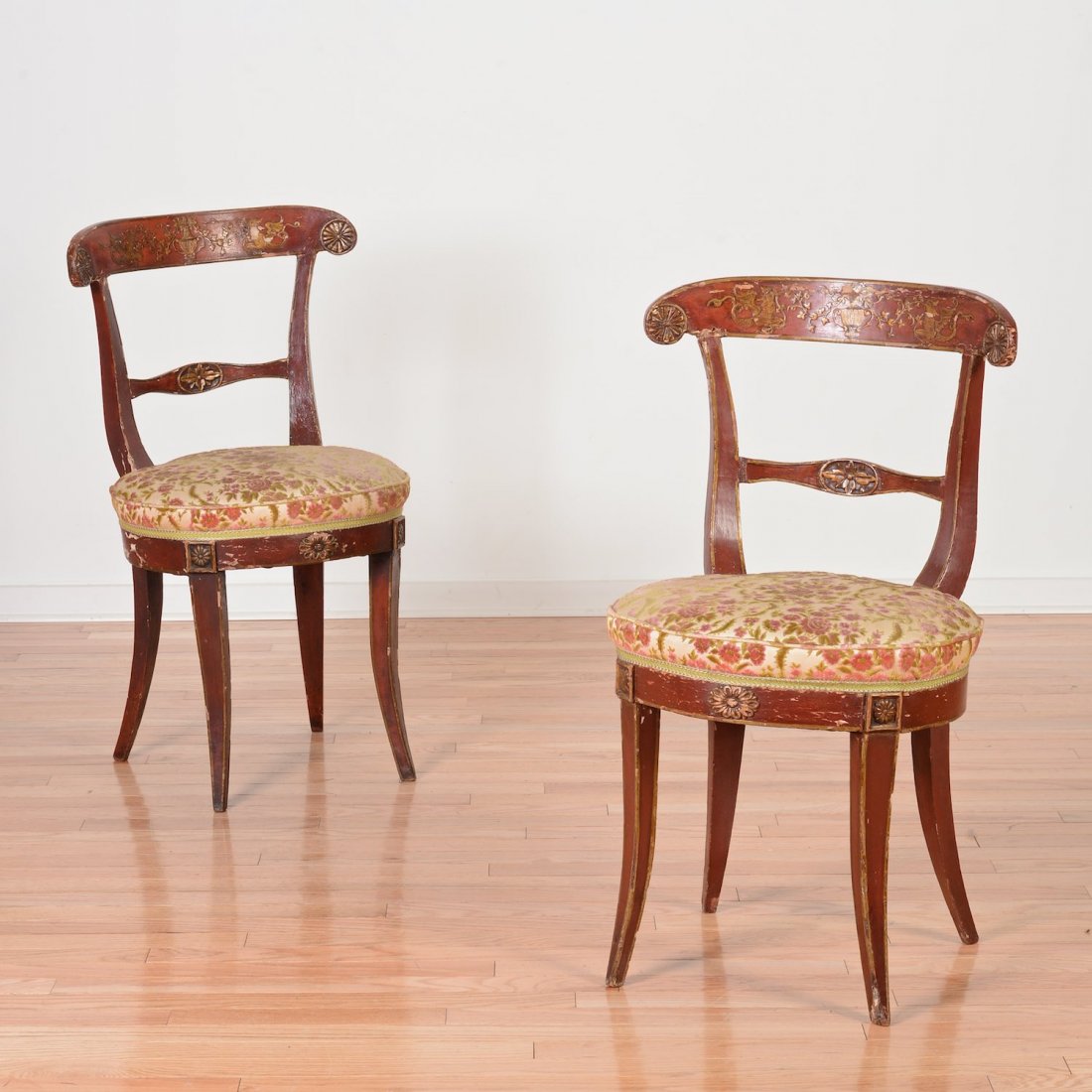 Pair Italian Neo-Classical red lacquered side chairs: Pair Italian Neo-Classical red lacquered side chairs, 19th c., raised gilded decoration, 34"h x 18.5"w x 16"d