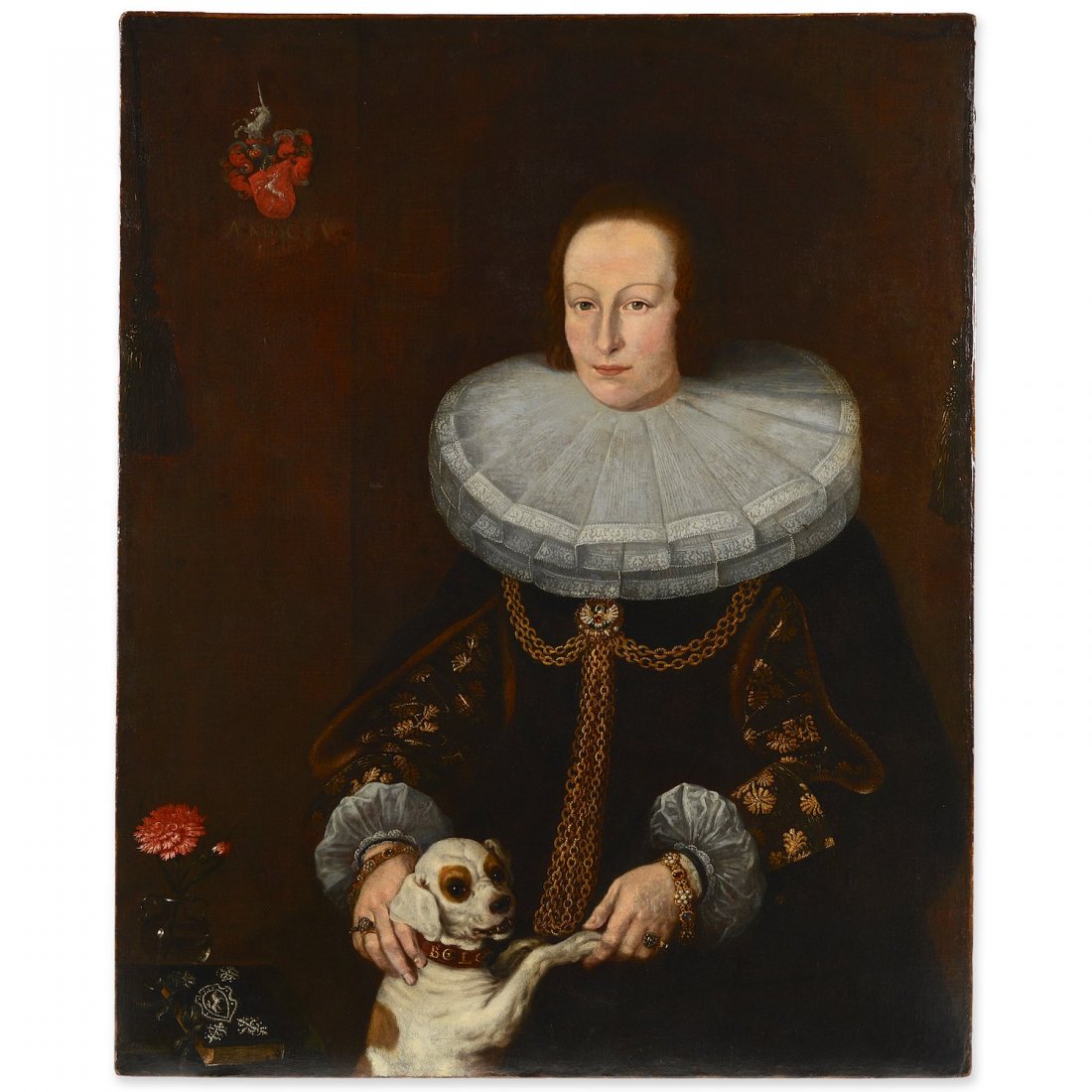 German School (17th century), painting: German School (17th century), painting, Portrait of a noble woman and her dog, oil on canvas, inscribed "Ao MDCLVI", with family arms, upper right, 41.5" x 33.25" (stretcher), unframed Provenance: Chr