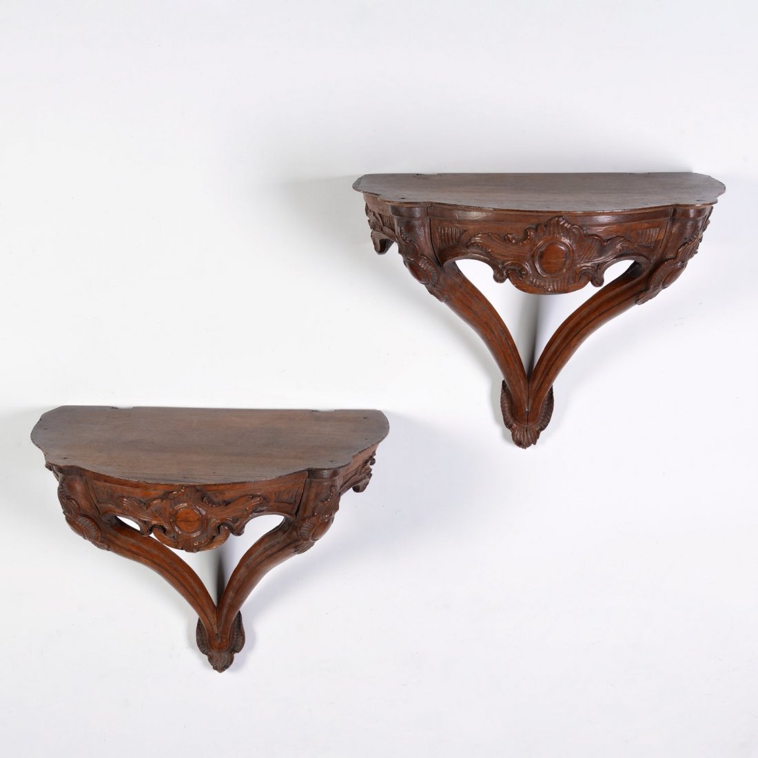 Pair Italian Rococo carved fruitwood wall brackets: Pair Italian Rococo carved fruitwood wall brackets, 18th/19th c., 16.25"h x 19"w x 12"d
