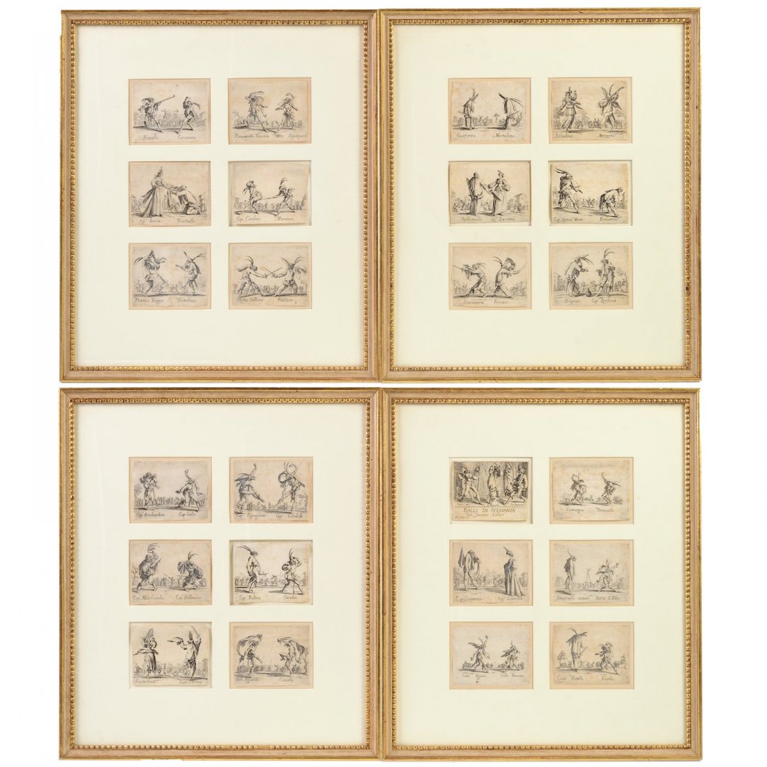 Jacques Callot (1592-1635, French), etchings: Jacques Callot (1592-1635, French), etchings, "Balli di Sfessania", (Lieure 379-402), the complete set of 23 etchings and the title , 2.75" x 3.75" (and similar), matted and framed in groups of six - 