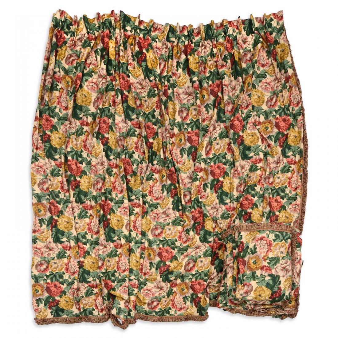 Fine draperies from a Greenwich, Conn. Estate: Fine draperies from a Greenwich, Conn. Estate, (4) traverse panels in heavy linen on sand with autumnal hued foliate pattern and fringe trim. Fully lined in flannel and cotton sateen backed, (2) panel