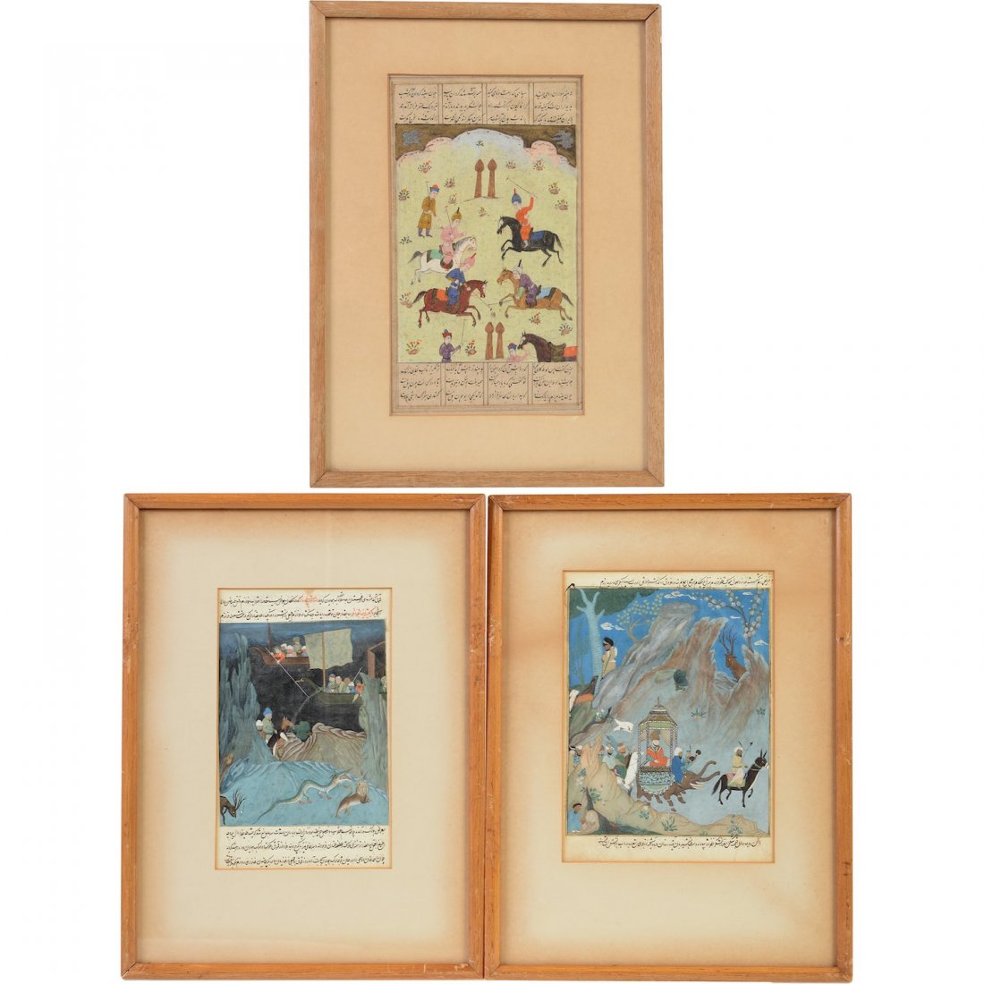 (3) Mughal illuminated manuscript pages: (3) Mughal illuminated manuscript pages, 18th/19th c., polo players, royal procession and explorers with exotic beasts, 9" x 6" (sight), 10.25" x 5.75" (sight), matted and framed Provenance: Marilyn M