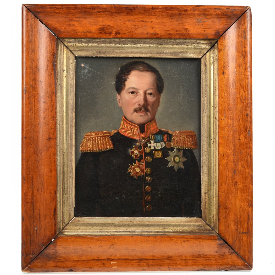 Russian School (19th century), painting: Russian School (19th century), painting, Portrait of an officer, possibly Admiral A.S. Menshikov, oil on canvas, no signature found, 8.5" x 6.75" (sight), maple frame