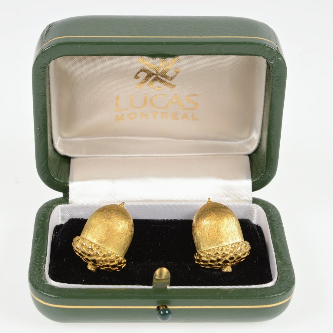 Pair 18K acorn cufflinks by Lucas: Pair 18K acorn cufflinks by Lucas, 20th c., marked "18K - Lucas" , in green leather case, 1"h x 0.65"w, 9.64 dwt. Provenance: from the Estate of Edgar M. Bronfman, New York, NY