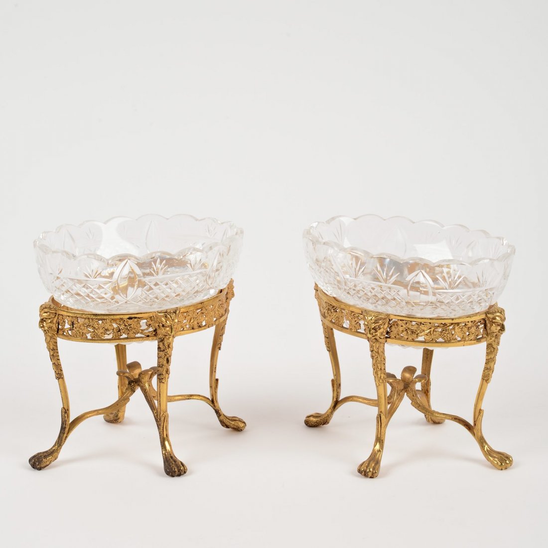 Nice Pair English silver and cut glass master salts: Nice Pair English silver and cut glass master salts, London, c. 1799, maker's mark possibly that of William Priest and James Priest, each decorated with grape vines and Bacchus masks, cut glass insert