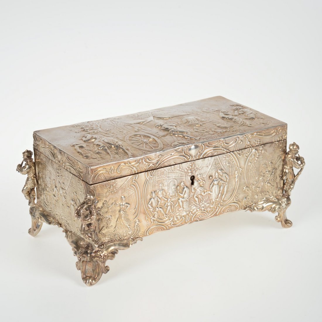 Late Victorian sterling silver repousse humidor: Late Victorian sterling silver repousse humidor, London, circa 1903, maker's mark "BM", German Rococo in style, 4.5"h x 8.75"l x 5.25"d Provenance: from the Estate of Edgar M. Bronfman, New York, NY
