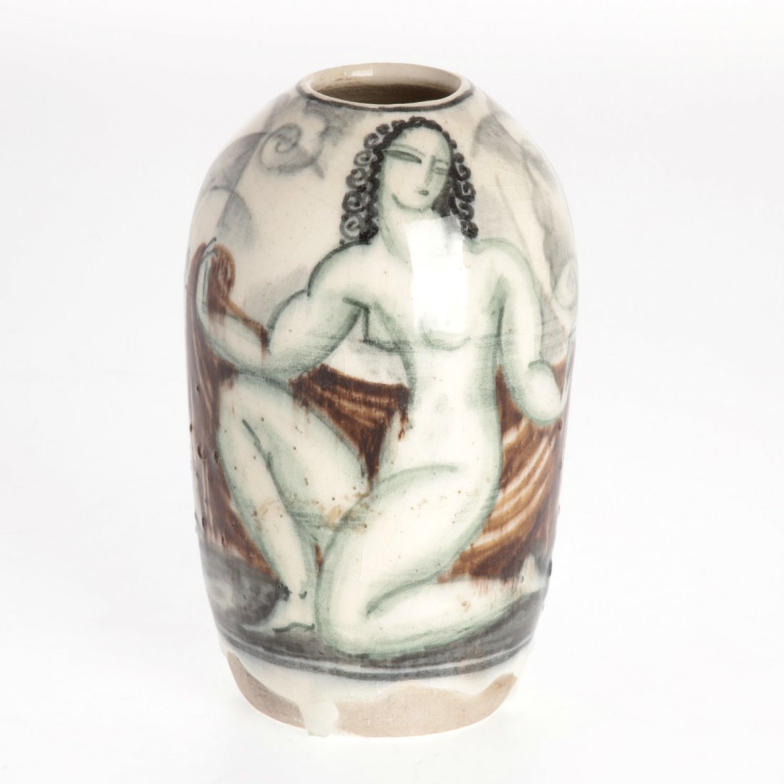Rene Buthaud ceramic faience vase: Rene Buthaud ceramic faience vase, Rene Buthaud (French, 1886-1986), enamel-decorated with nude figures, glazed, signed "RB"(underglaze), impressed mark "132", 6.5"h x 3.75" dia.