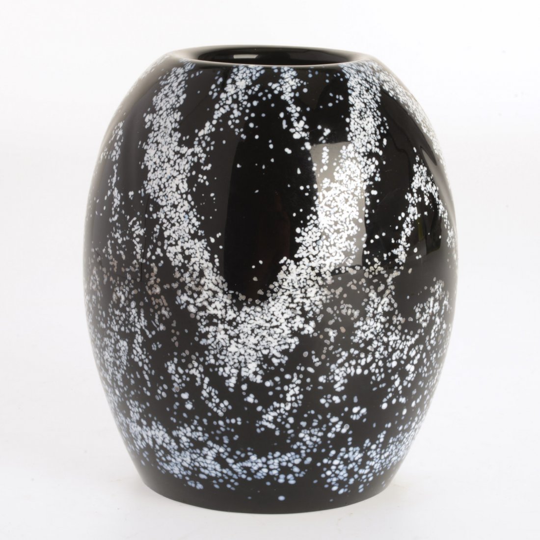 Unusual Legras mottled glass vase: Unusual Legras mottled glass vase, 20th c., manner of Jean Dunand, black with white specks, incised signature "Legras" to base, 5.5"h x 5" dia.
