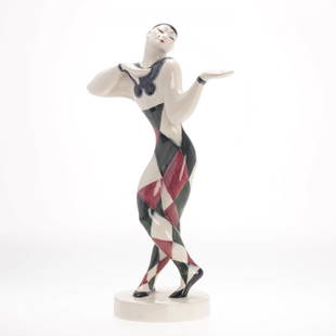 Karlsruher Majolika "Nijinsky" figure: Karlsruher Majolika "Nijinsky" figure, 20th c.., depicting famous Russian dancer Vaslav Nijinsky as Harlekin in the ballet Carnaval, design by Fritz Behn in 1912, embossed mark "Karlsruhe 1268", 18.75