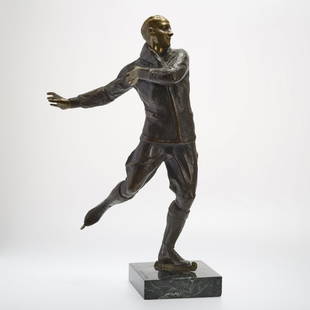 Maurice Guiraud-Riviere, bronze sculpture: Maurice Guiraud-Riviere, bronze sculpture, Maurice Guiraud-Riviere (French, 1881-1947), untitled figure of a ice skater, bronze with brown and gold patina, signed "M. Guiraud-Riviere" on marble base,