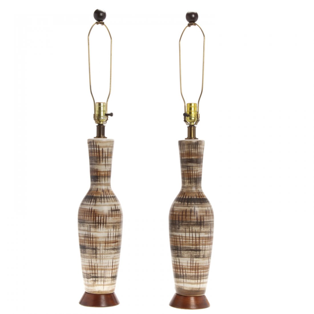Pair Lee Rosen for Design Technics ceramic lamps: Pair Lee Rosen for Design Technics ceramic lamps, Mid 20th c., matte glaze in browns, turned wood finial, 20"h (overall)