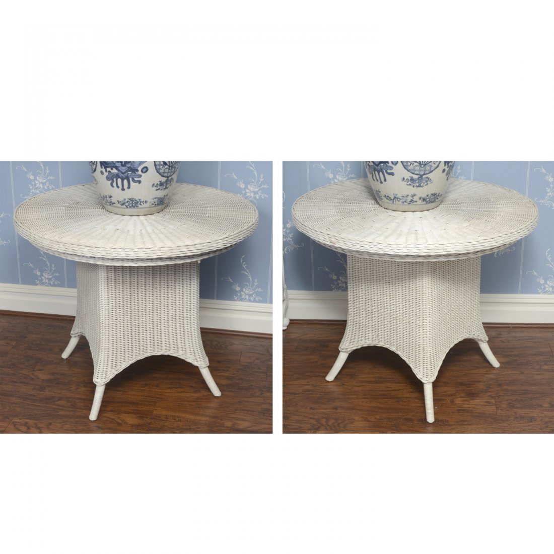 Pair round white painted wicker side tables (1 of 5)