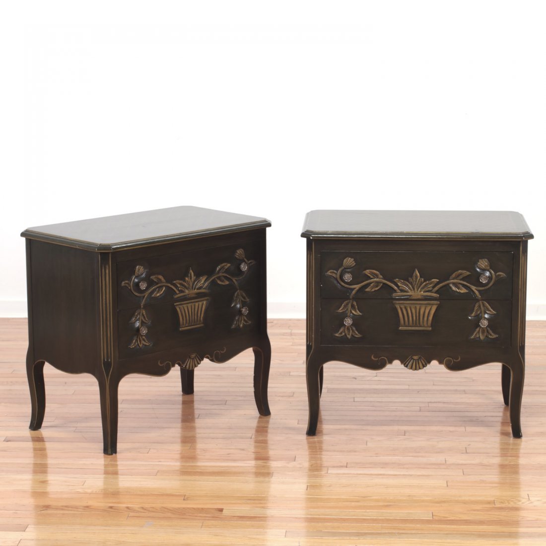 Pair custom French style lacquered nightstands: Pair custom French style lacquered nightstands, 20th/21st c., 26"h x 26"w x 16"d