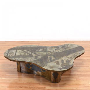 Huge Philip & Kelvin LaVerne "Chan" coffee table: Huge Philip & Kelvin LaVerne "Chan" coffee table, 20th c., mixed metal acid-etched with Chinoiserie decoration, signed "Philip & Kelvin LaVerne", on surface, 17"h x 68"w x 46"d