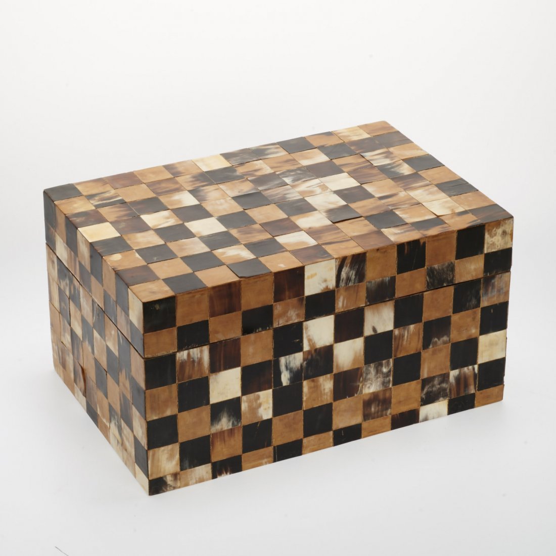Large Enrique Garcel horn inlaid box: Large Enrique Garcel horn inlaid box, Circa 1970's, unfinished wood interior with unhinged top, no marks found, 9.75"h x 18"w x 12"d Provenance: The Estate of Edgar M. Bronfman, NY
