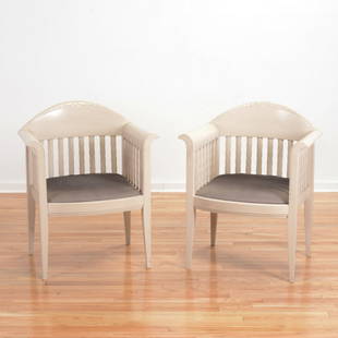 Pair Eliel Saarinen "White Chairs": Pair Eliel Saarinen "White Chairs", Circa 1980s, manufactured by Adelta, Finland, metal factory tag, 32.5"h x 26.5"w x 20"d