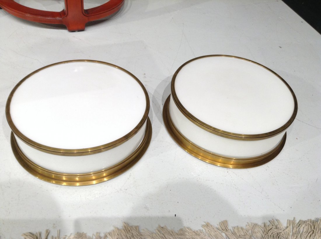 Pair round brass framed ceiling fixtures (1 of 2)