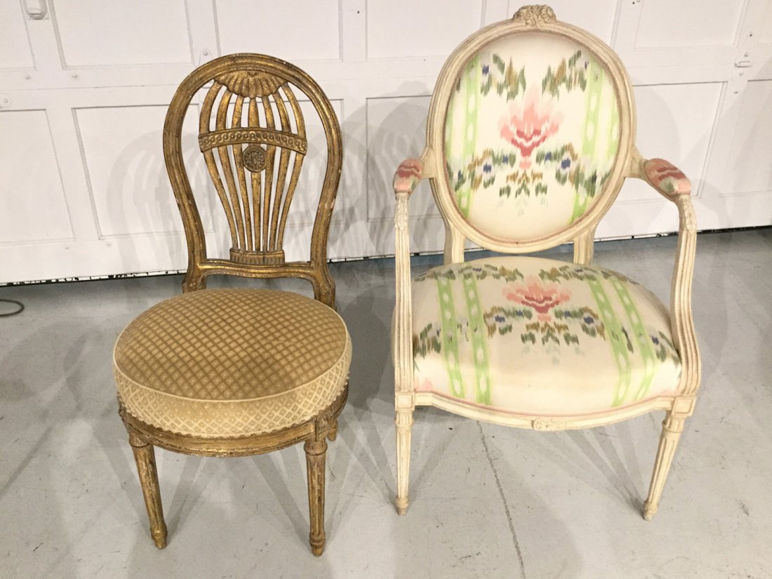 (2) George III style painted and gilt chairs: (2) George III style painted and gilt chairs, 39"h x 24.5"w x 21"d