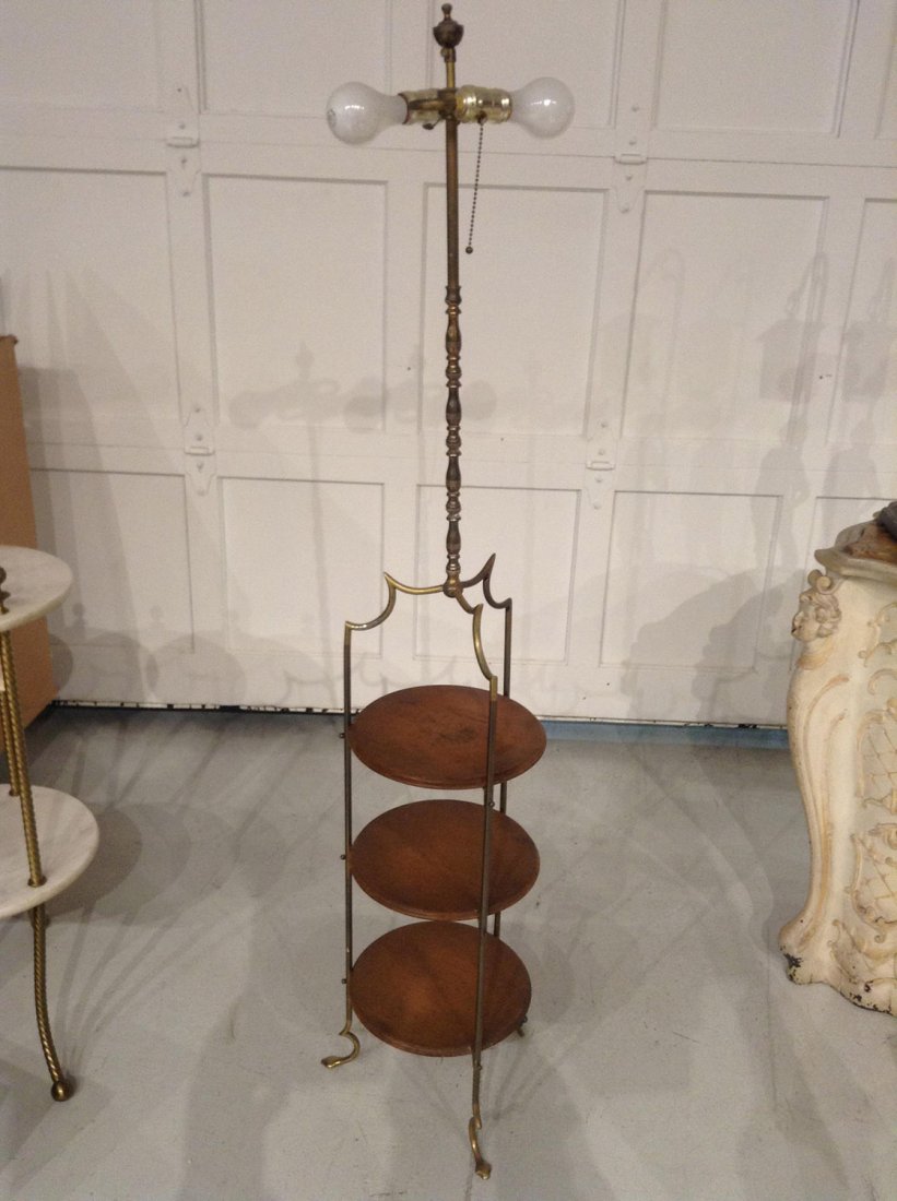 Antique brass, wood 3-tier floor lamp (1 of 2)